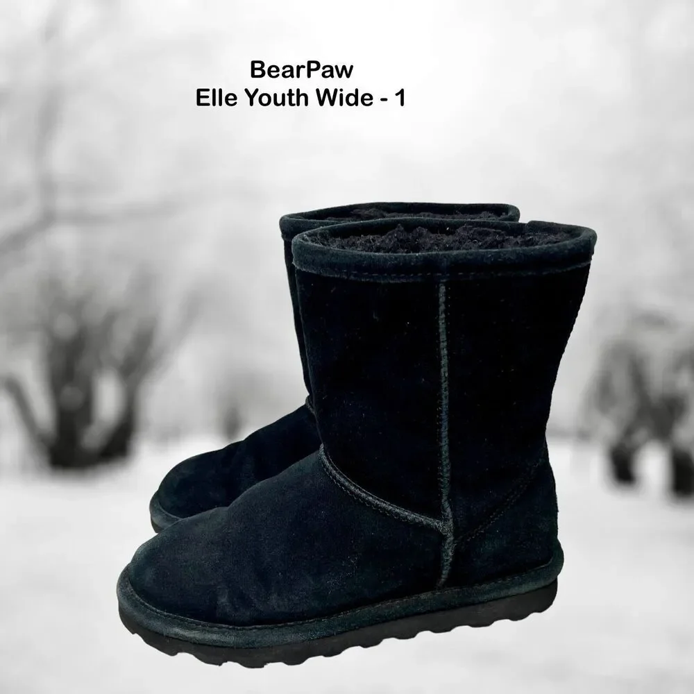 BearPaw Youth Elle Black Cow Suede Wool Blend Short Snow Boot Size 1 WIDE‎